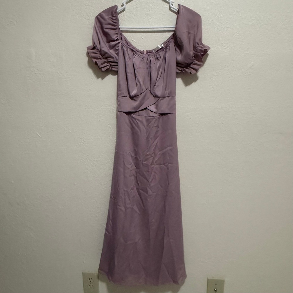 KIRUNDO Womens Dusty Lavender Satin Puff Sleeve Bow Back Midi Dress M